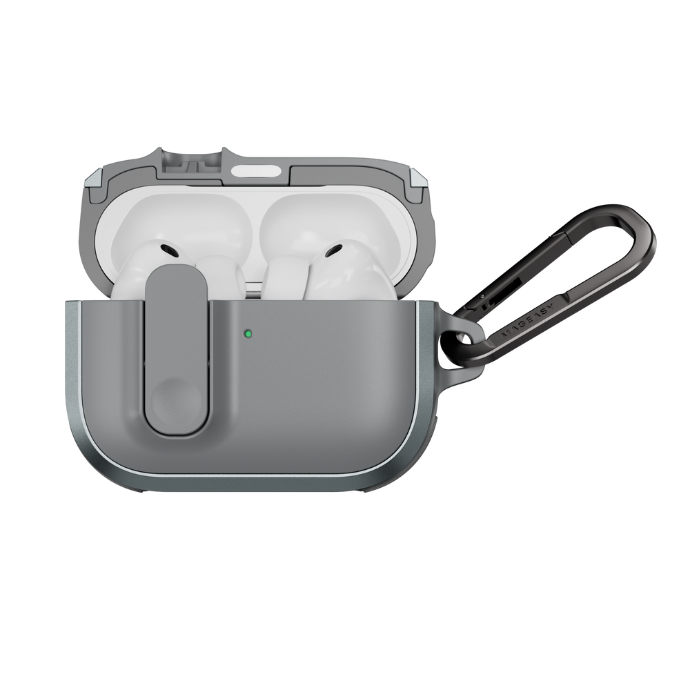 MAGEASY Odyssey protective AirPods Pro 3 case in Metal Mist, open case with AirPods visible and magnetic closure design