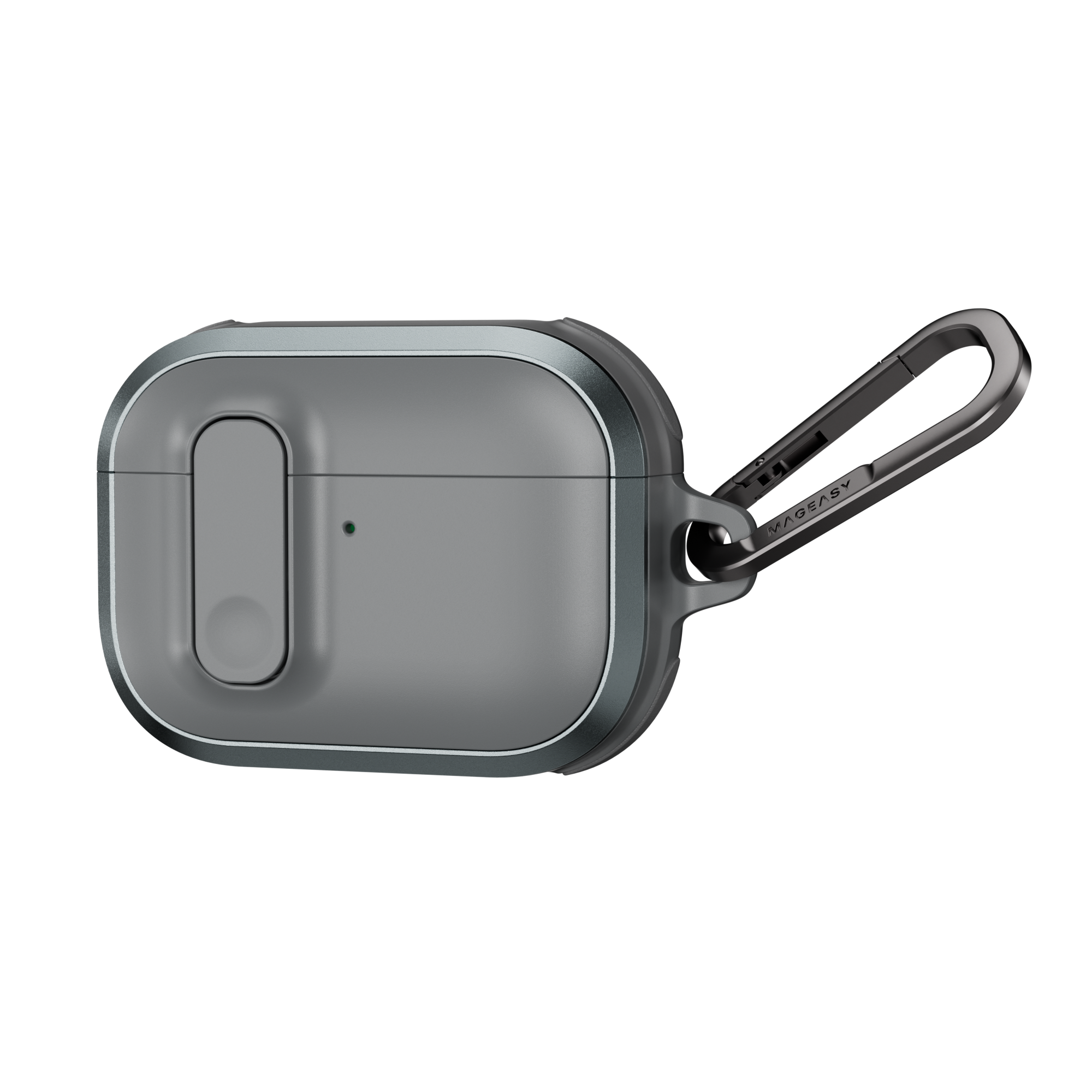 MAGEASY Odyssey protective AirPods Pro 3 case in Metal Mist, angled closed view with aluminum frame and clip