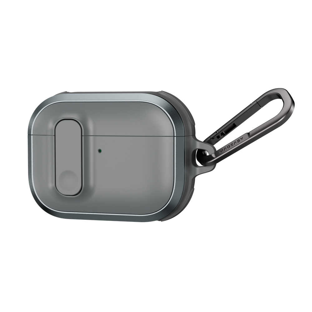 MAGEASY Odyssey protective AirPods Pro 3 case in Metal Mist, angled closed view with aluminum frame and clip