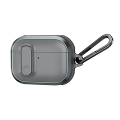 MAGEASY Odyssey protective AirPods Pro 3 case in Metal Mist, angled closed view with aluminum frame and clip