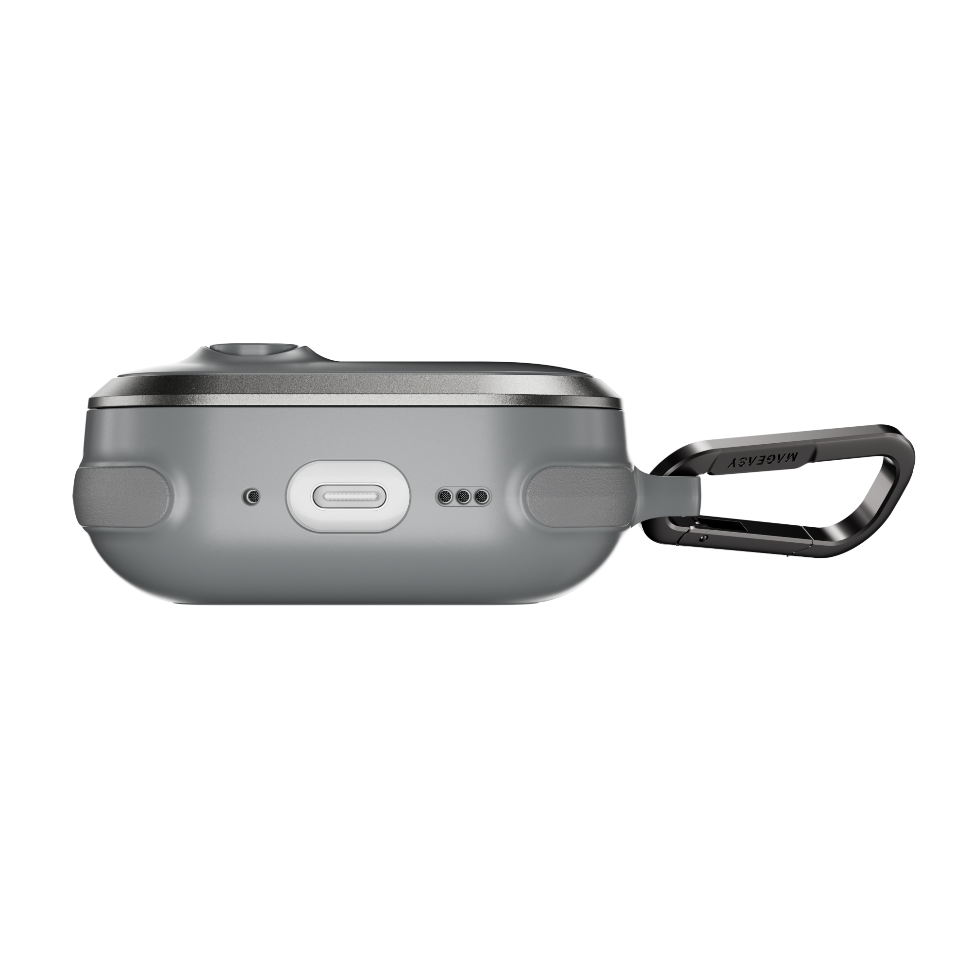 MAGEASY Odyssey protective AirPods Pro 3 case in Metal Mist, bottom view showing charging port access and speaker openings