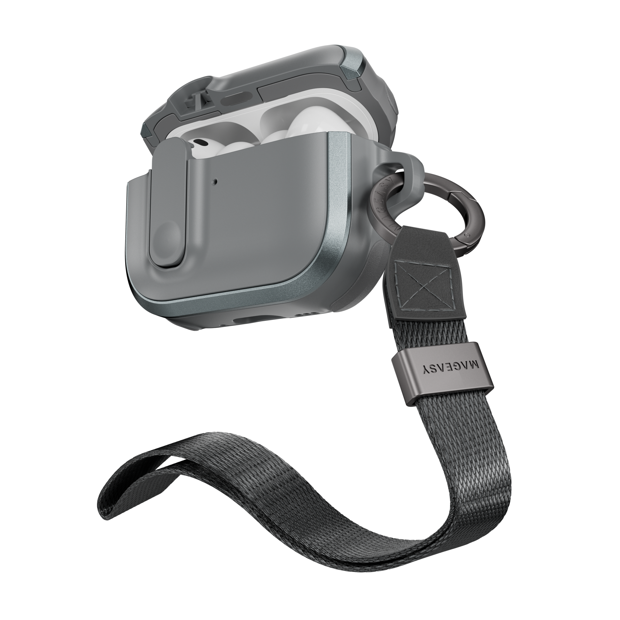 MAGEASY Odyssey protective AirPods Pro 3 case in Metal Mist, open angled view with wrist strap and carabiner for travel carry