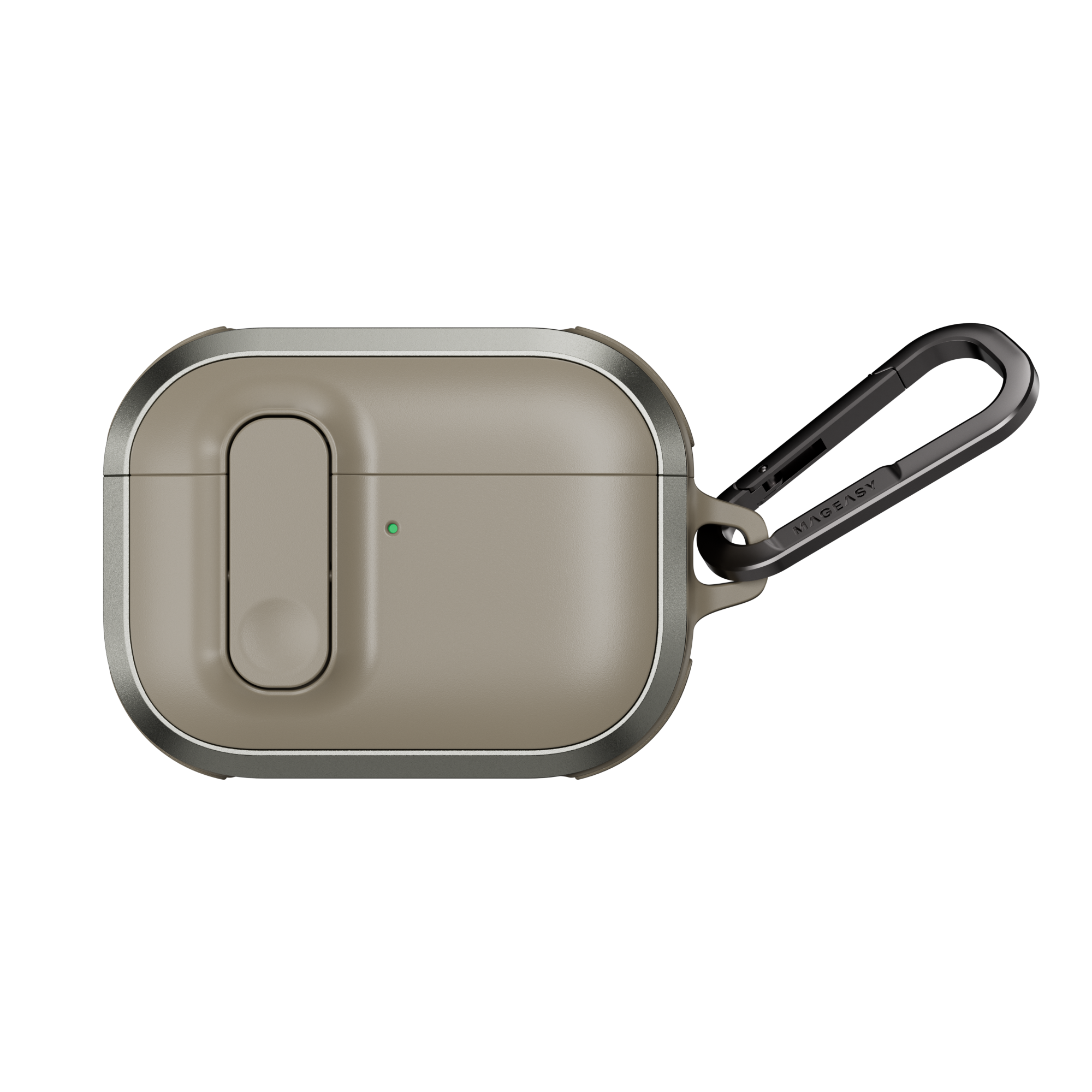 MAGEASY Odyssey shockproof AirPods Pro 3 cover in Metal Sand, closed front view with secure latch and carabiner clip