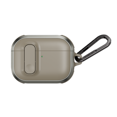 MAGEASY Odyssey shockproof AirPods Pro 3 cover in Metal Sand, closed front view with secure latch and carabiner clip