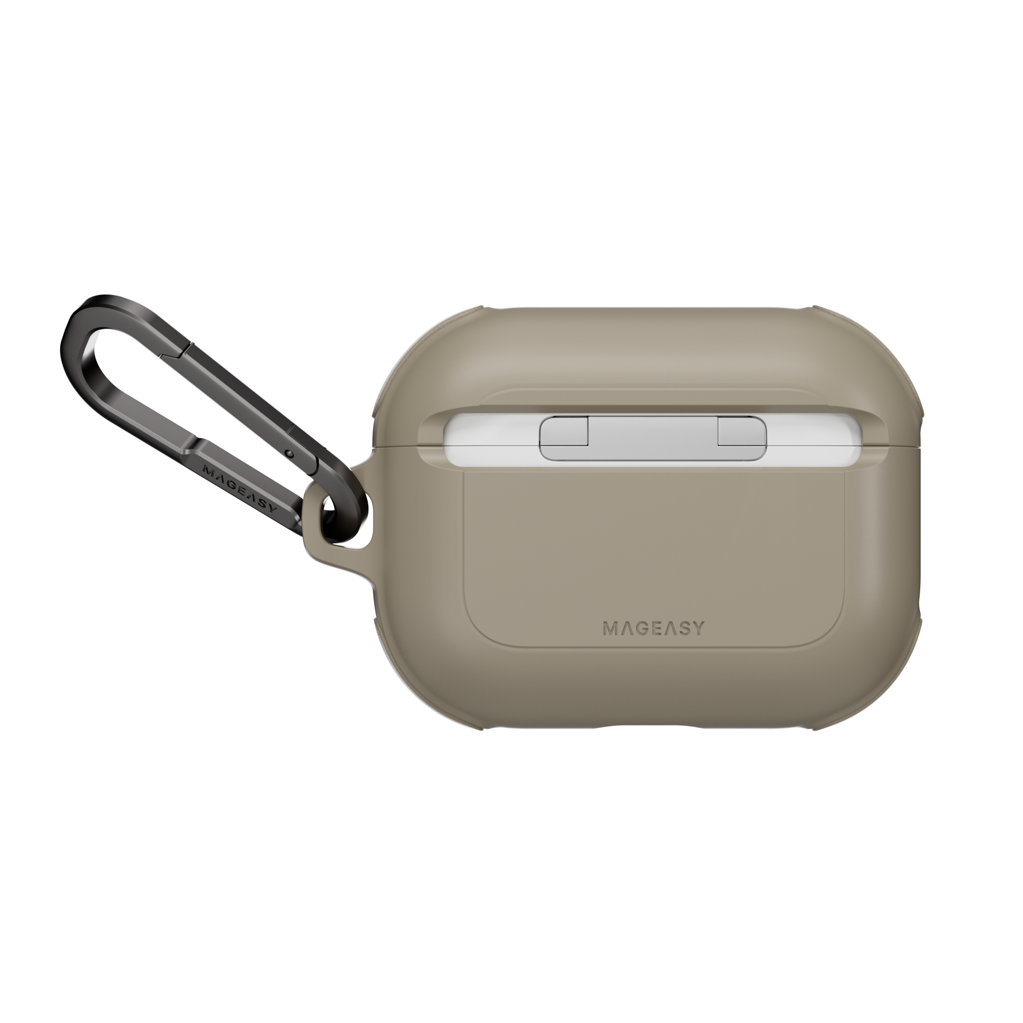 MAGEASY Odyssey shockproof AirPods Pro 3 cover in Metal Sand, rear view showing hinge cover and carabiner attachment