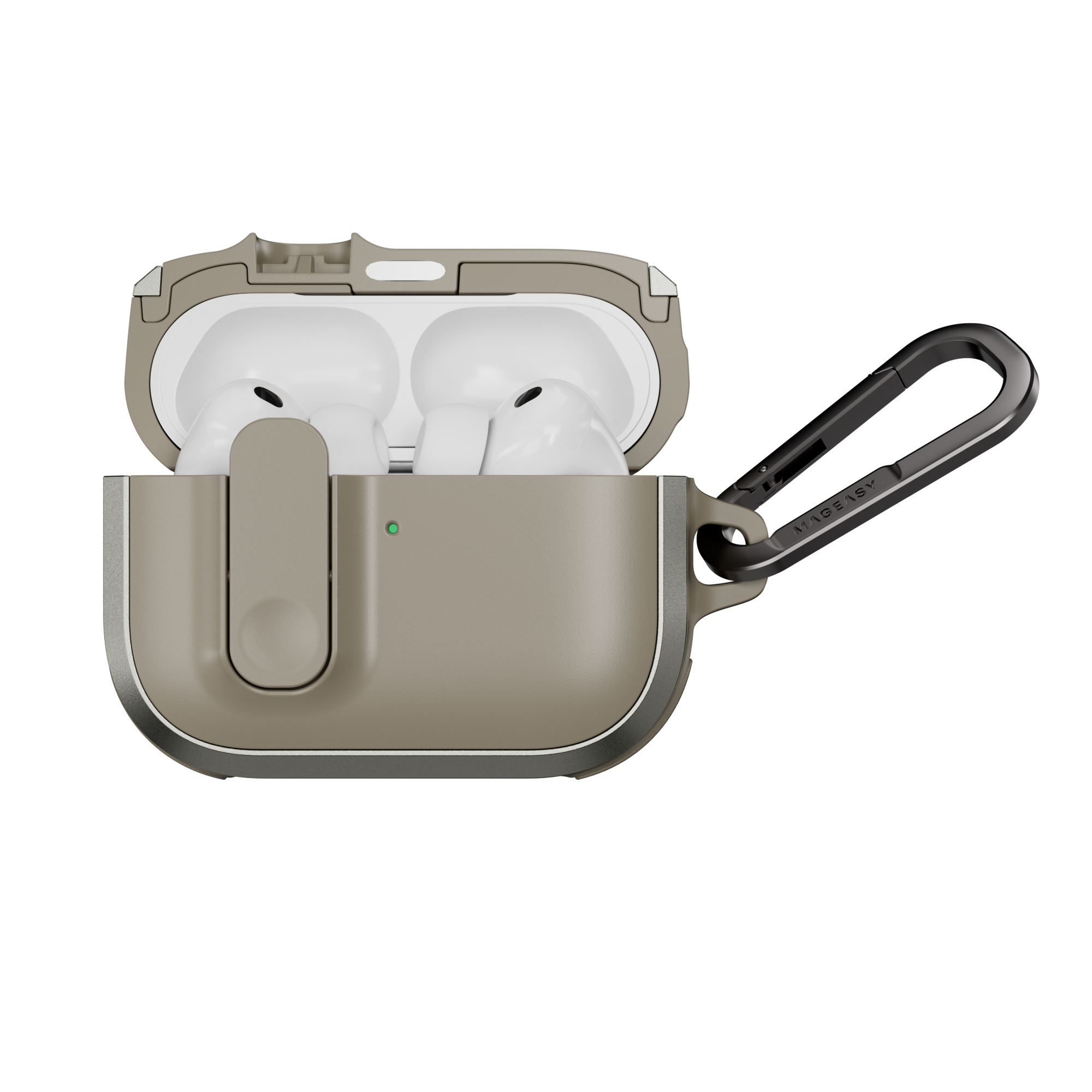 MAGEASY Odyssey shockproof AirPods Pro 3 cover in Metal Sand, open case with AirPods visible and magnetic closure design