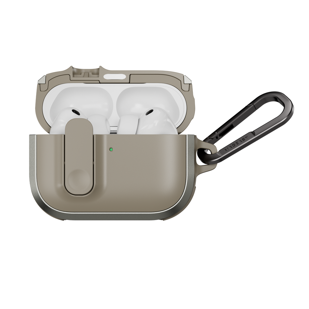 MAGEASY Odyssey shockproof AirPods Pro 3 cover in Metal Sand, open case with AirPods visible and magnetic closure design