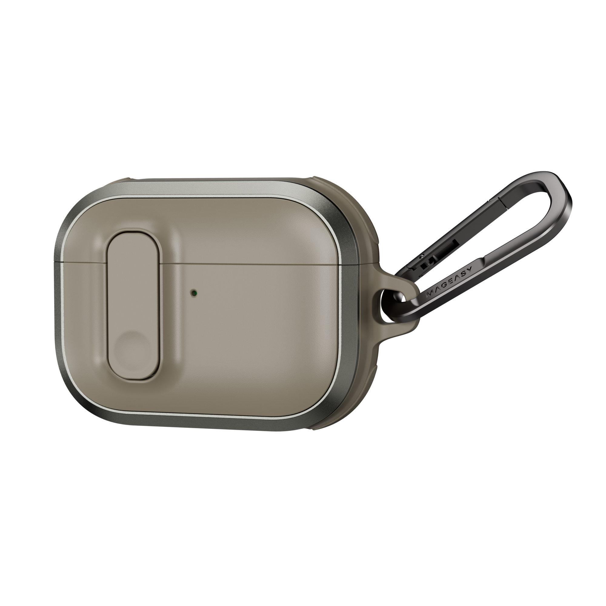 MAGEASY Odyssey shockproof AirPods Pro 3 cover in Metal Sand, angled closed view with aluminum frame and clip