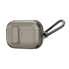 MAGEASY Odyssey shockproof AirPods Pro 3 cover in Metal Sand, angled closed view with aluminum frame and clip