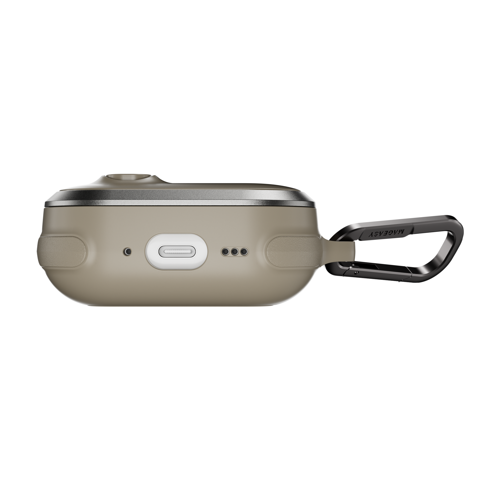 MAGEASY Odyssey shockproof AirPods Pro 3 cover in Metal Sand, bottom view showing charging port access and speaker openings
