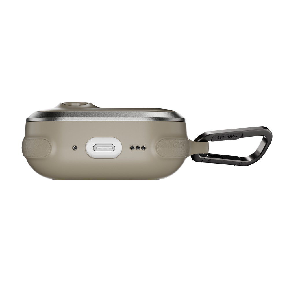 MAGEASY Odyssey shockproof AirPods Pro 3 cover in Metal Sand, bottom view showing charging port access and speaker openings