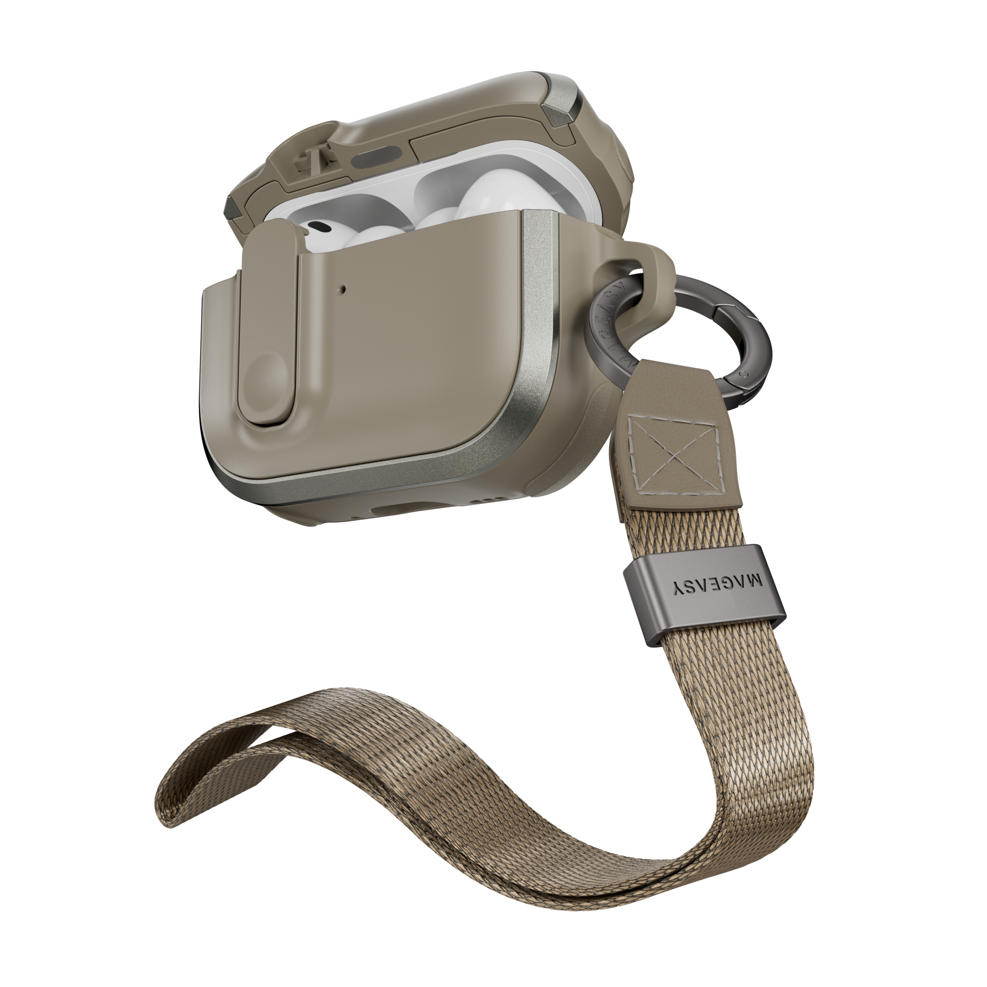 MAGEASY Odyssey shockproof AirPods Pro 3 cover in Metal Sand, open angled view with wrist strap and carabiner for travel carry