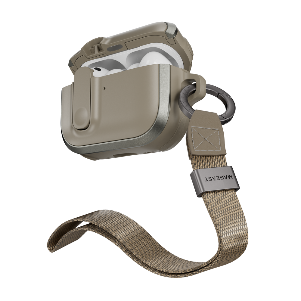 MAGEASY Odyssey shockproof AirPods Pro 3 cover in Metal Sand, open angled view with wrist strap and carabiner for travel carry