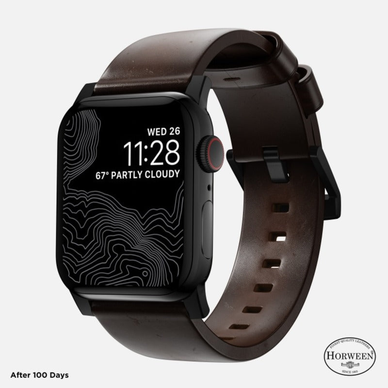 Nomad Modern Band Horween Leather Bracelet for Apple Watch 42-49 & Ultra 1 - 3 - Rustic Brown (Black Hardware)