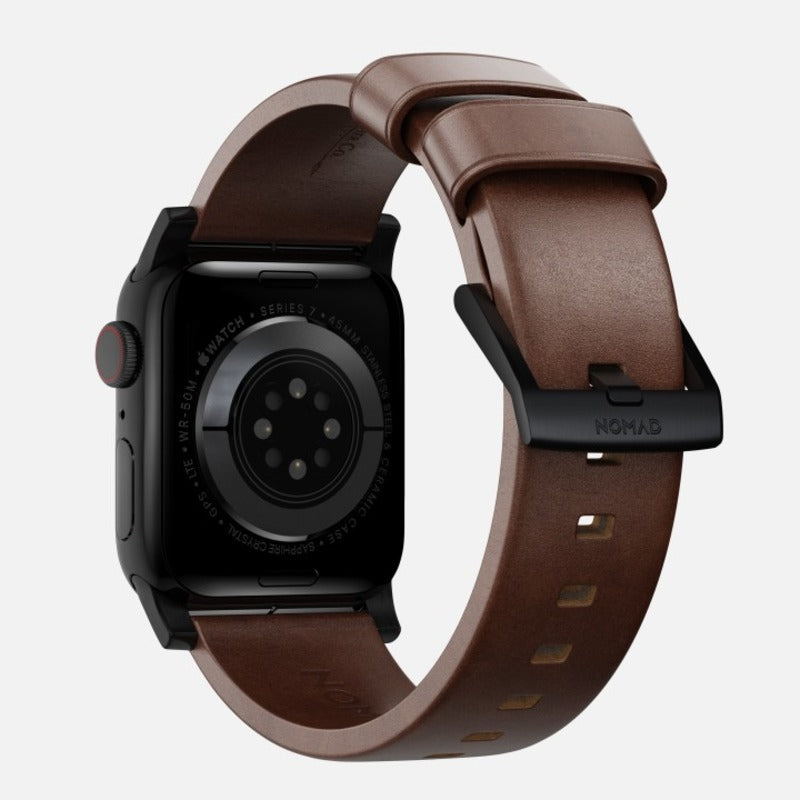 Nomad Modern Band Horween Leather Bracelet for Apple Watch 42-49 & Ultra 1 - 3 - Rustic Brown (Black Hardware)
