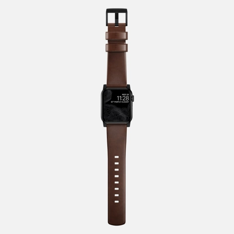 Nomad Modern Band Horween Leather Bracelet for Apple Watch 42-49 & Ultra 1 - 3 - Rustic Brown (Black Hardware)