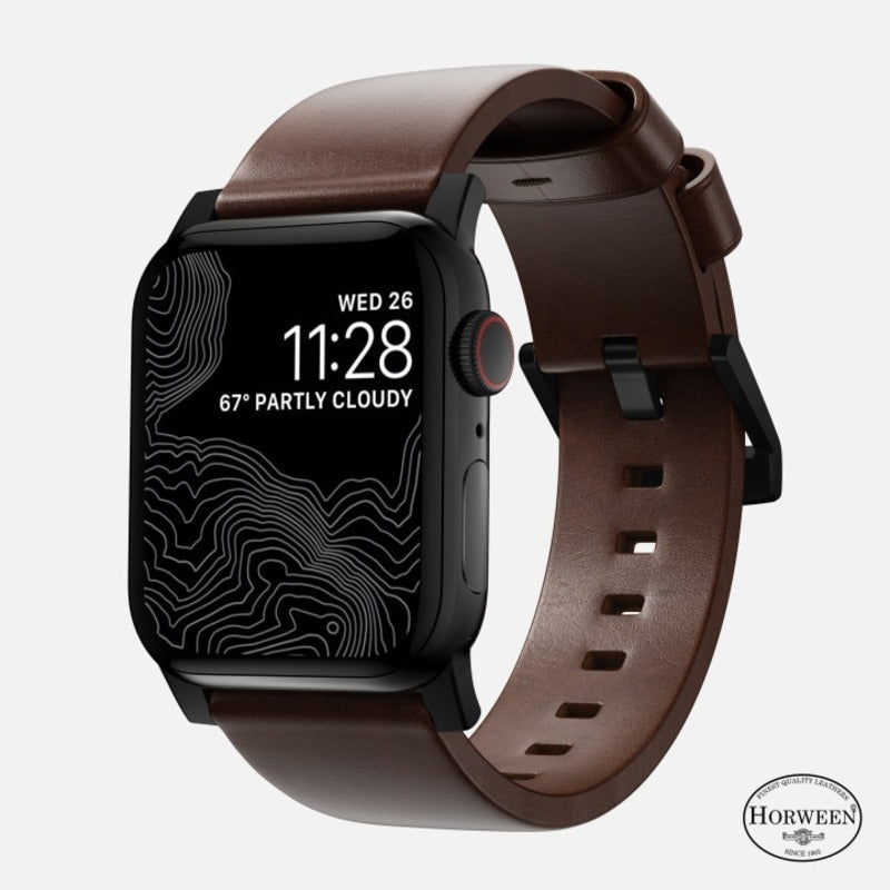 Nomad Modern Band Horween Leather Bracelet for Apple Watch 42-49 & Ultra 1 - 3 - Rustic Brown (Black Hardware)