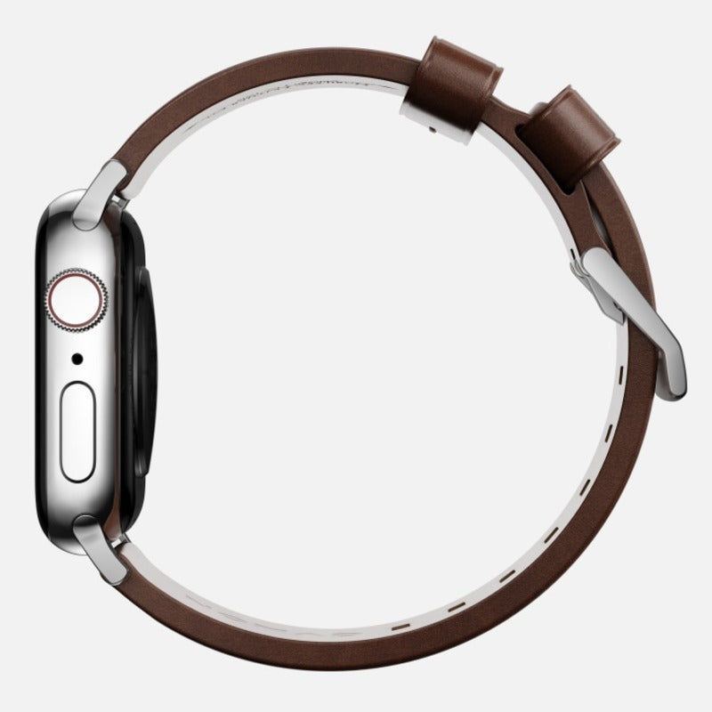 Nomad Modern Band 42mm/44mm/45mm/49mm Silver Hardware w/ Horween Leather for Apple Watch Rustic Brown
