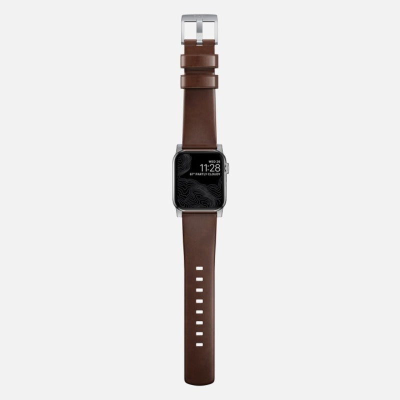 Nomad Modern Band 42mm/44mm/45mm/49mm Silver Hardware w/ Horween Leather for Apple Watch Rustic Brown