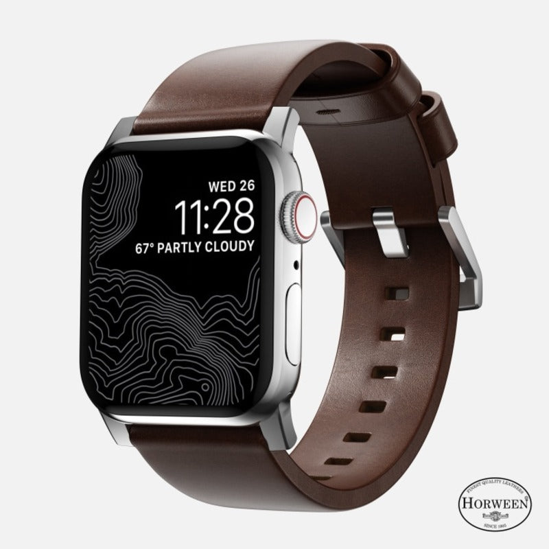 Nomad Modern Band 42mm/44mm/45mm/49mm Silver Hardware w/ Horween Leather for Apple Watch Rustic Brown