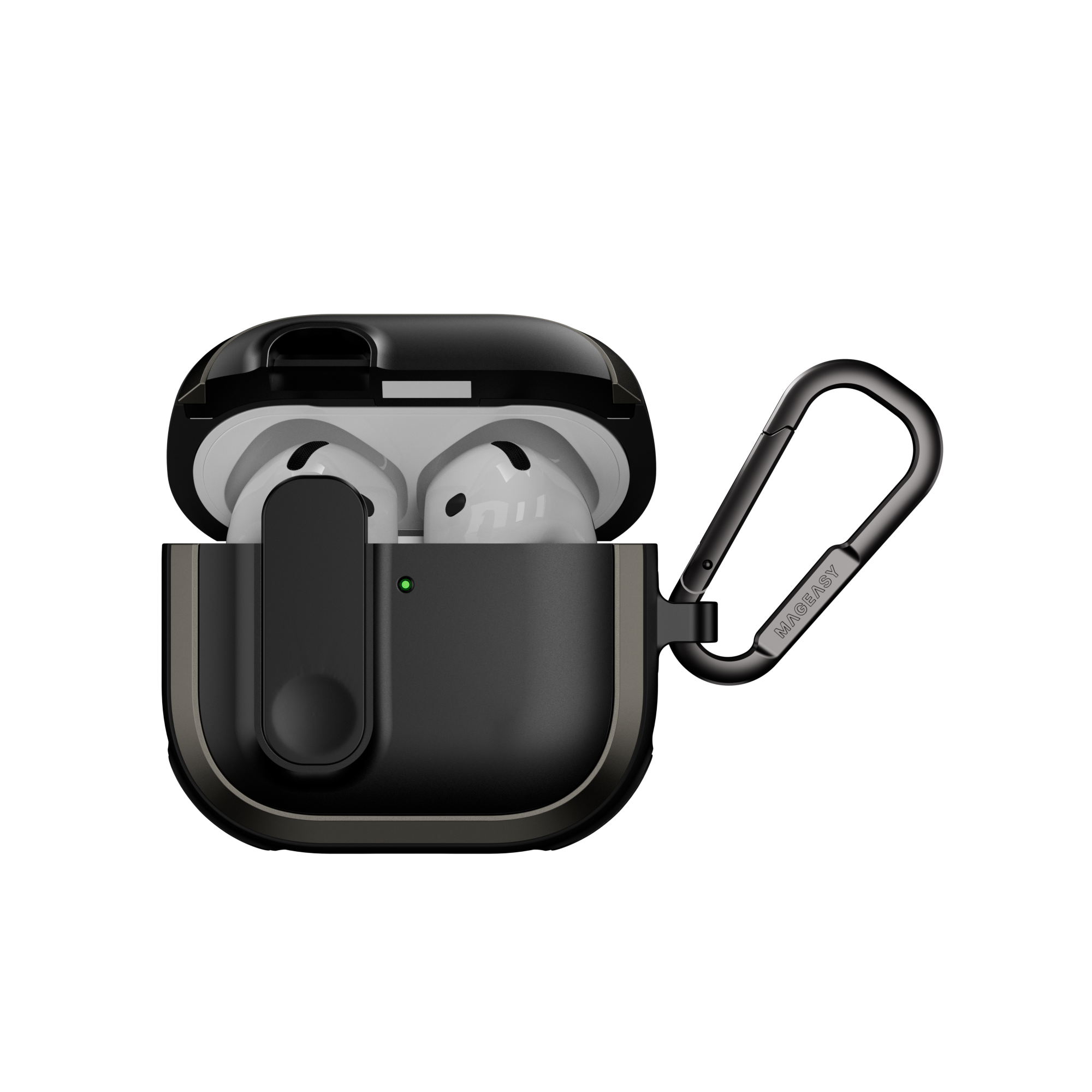 MAGEASY Odyssey AirPods 4 rugged case in Metal Black, open front view with magnetic lock and carabiner
