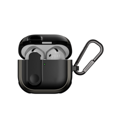 MAGEASY Odyssey AirPods 4 rugged case in Metal Black, open front view with magnetic lock and carabiner