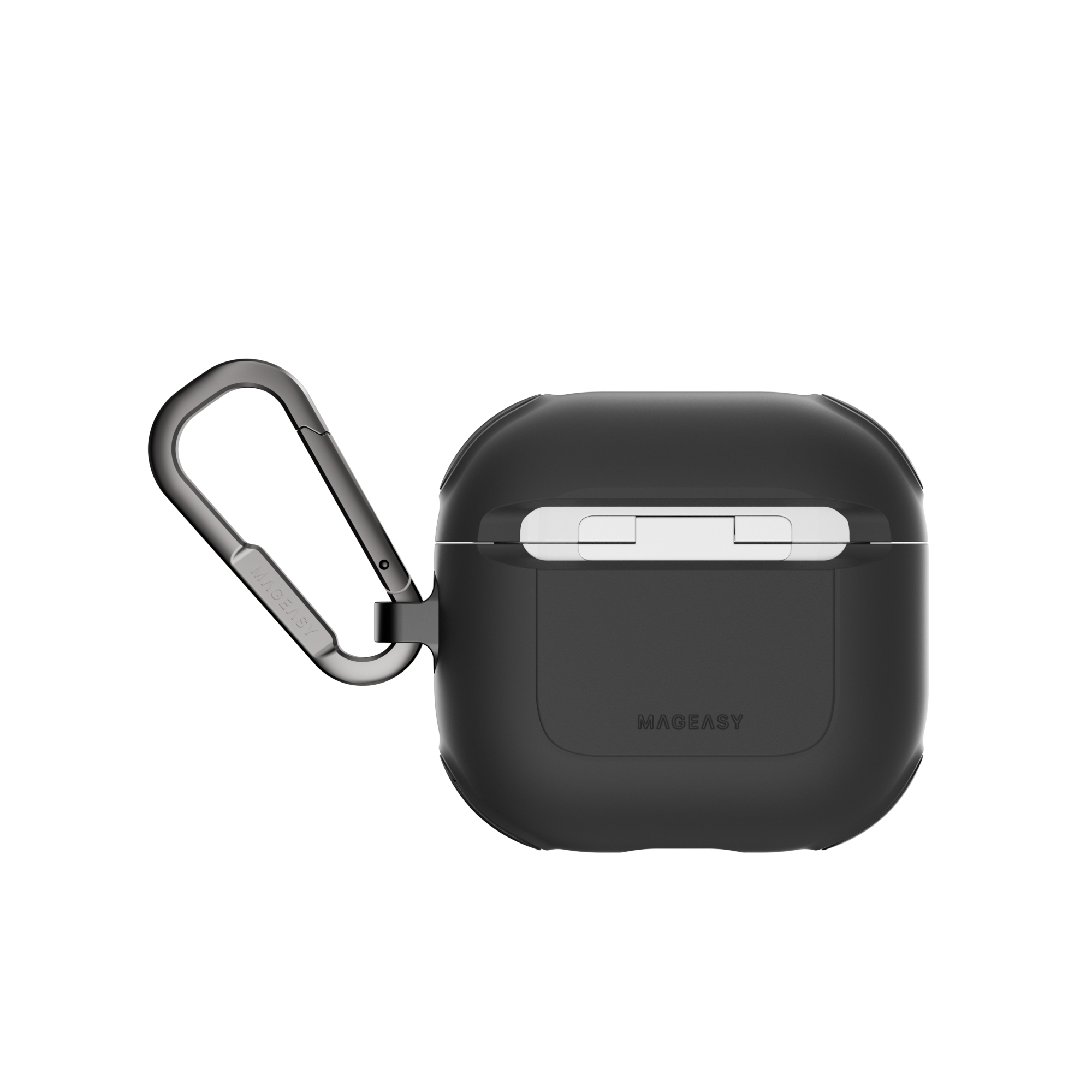 MAGEASY Odyssey AirPods 4 case in Metal Black, back view with hinge cover and carabiner clip