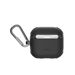 MAGEASY Odyssey AirPods 4 case in Metal Black, back view with hinge cover and carabiner clip