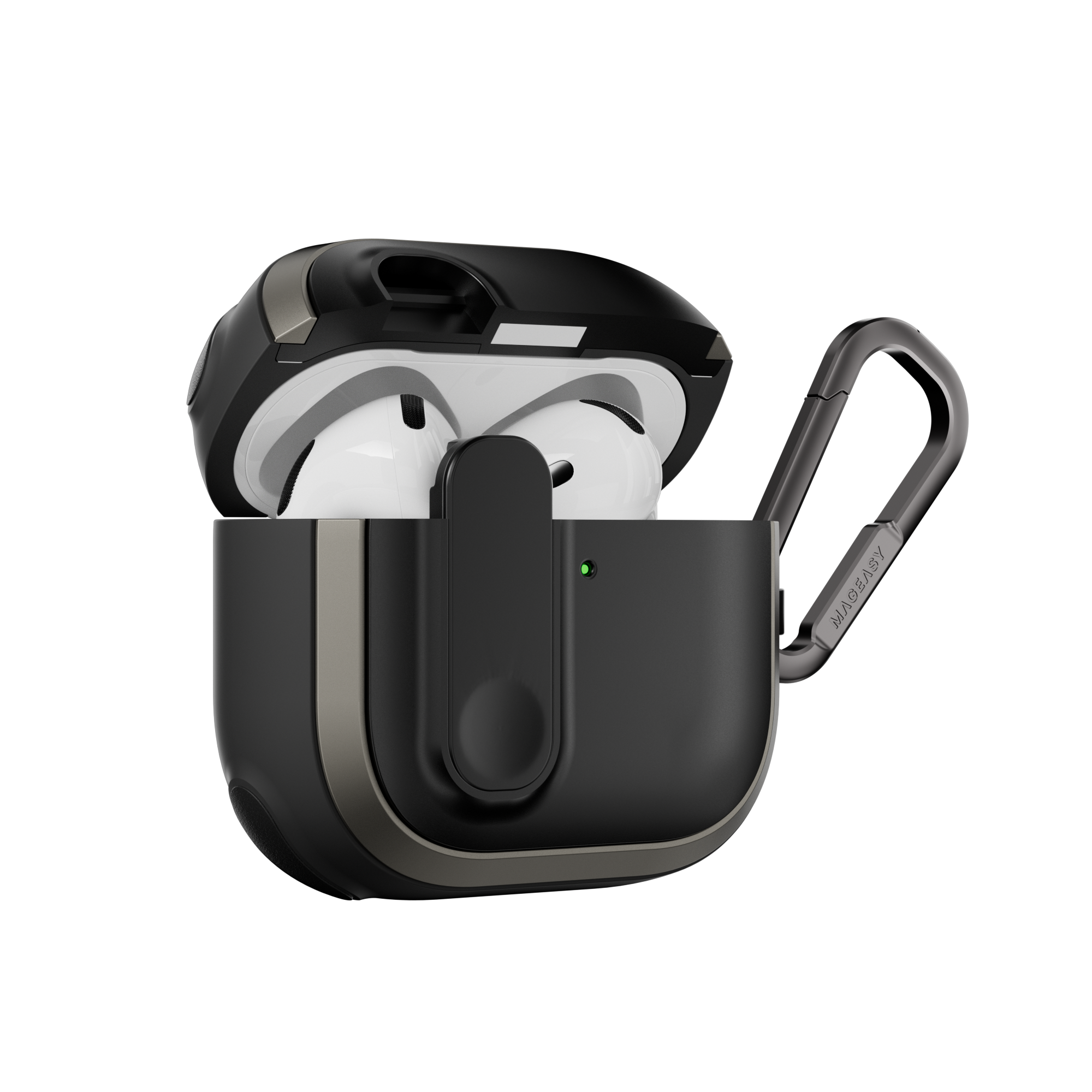 MAGEASY Odyssey AirPods 4 shockproof case in Metal Black, side profile showing protective shell