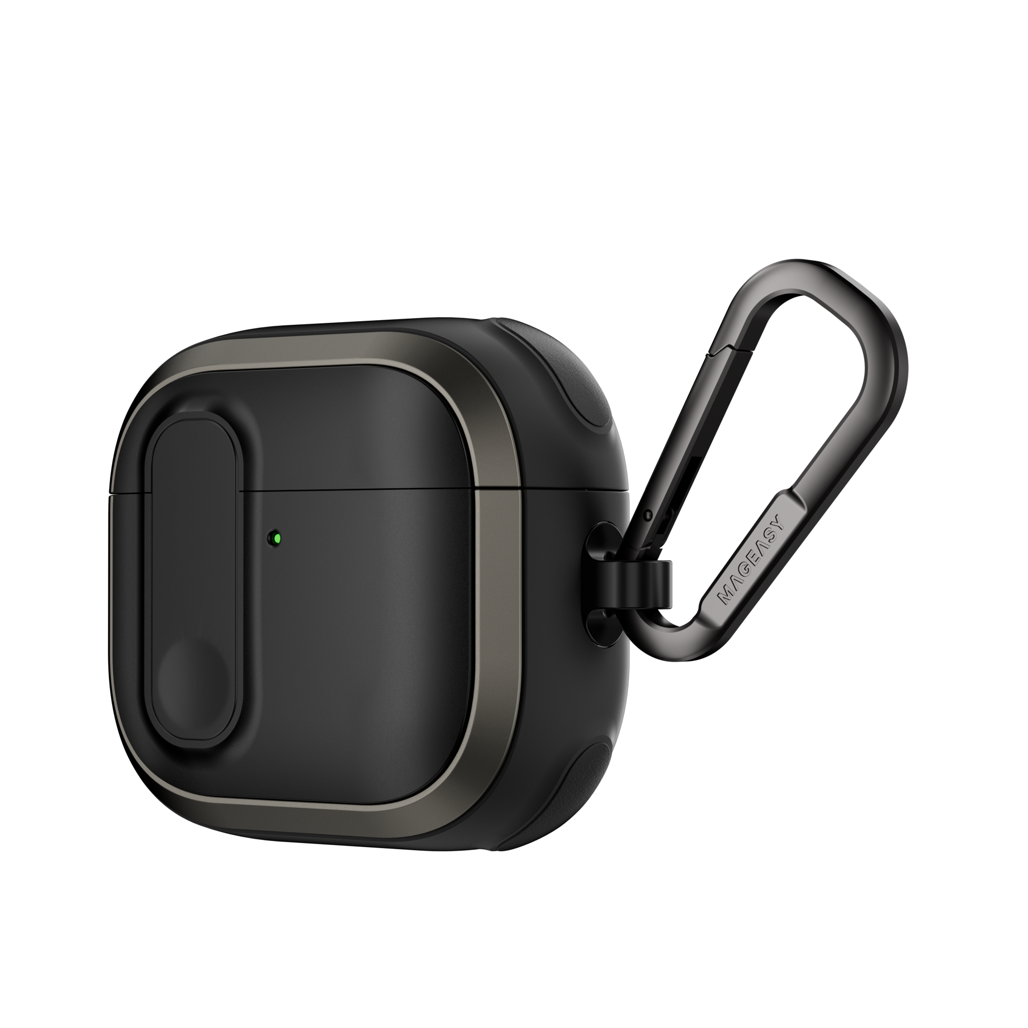 MAGEASY Odyssey AirPods 4 outdoor case in Metal Black, angled side view with metal carabiner