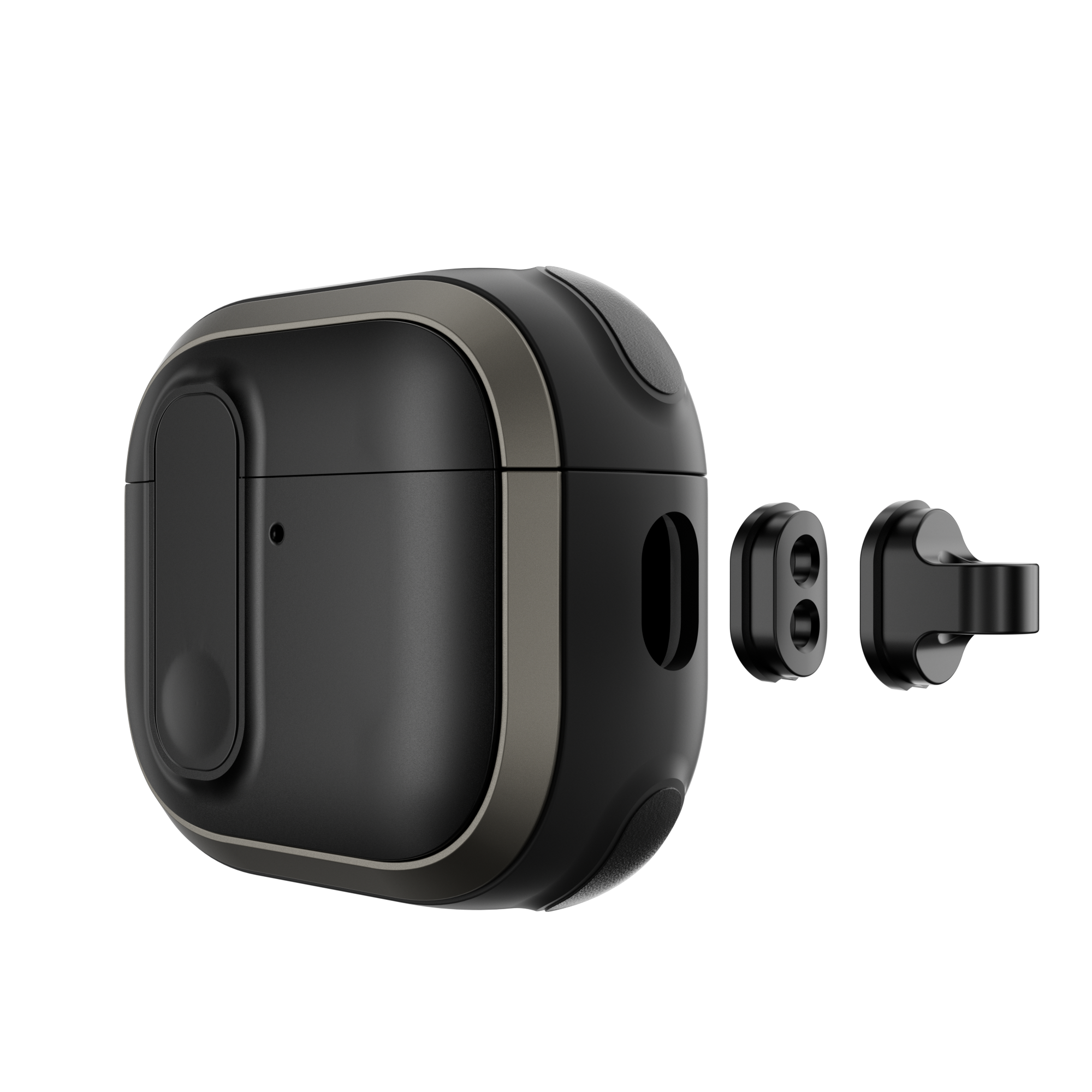 MAGEASY Odyssey AirPods 4 cover in Metal Black, detachable hook and accessory mount detail
