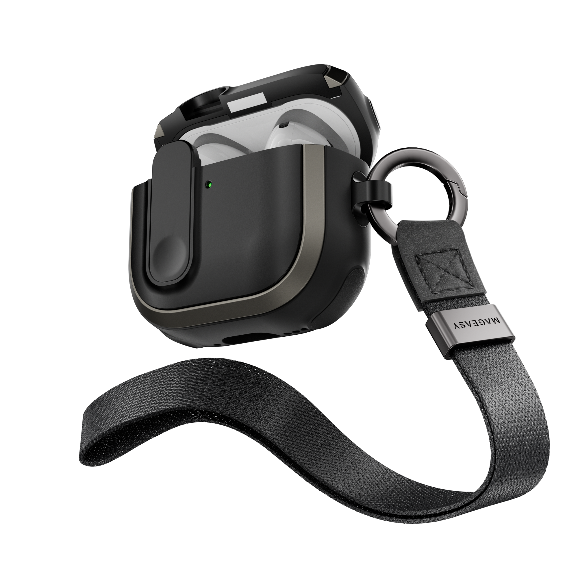 MAGEASY Odyssey AirPods 4 case in Metal Black, open case with wrist strap for everyday carry