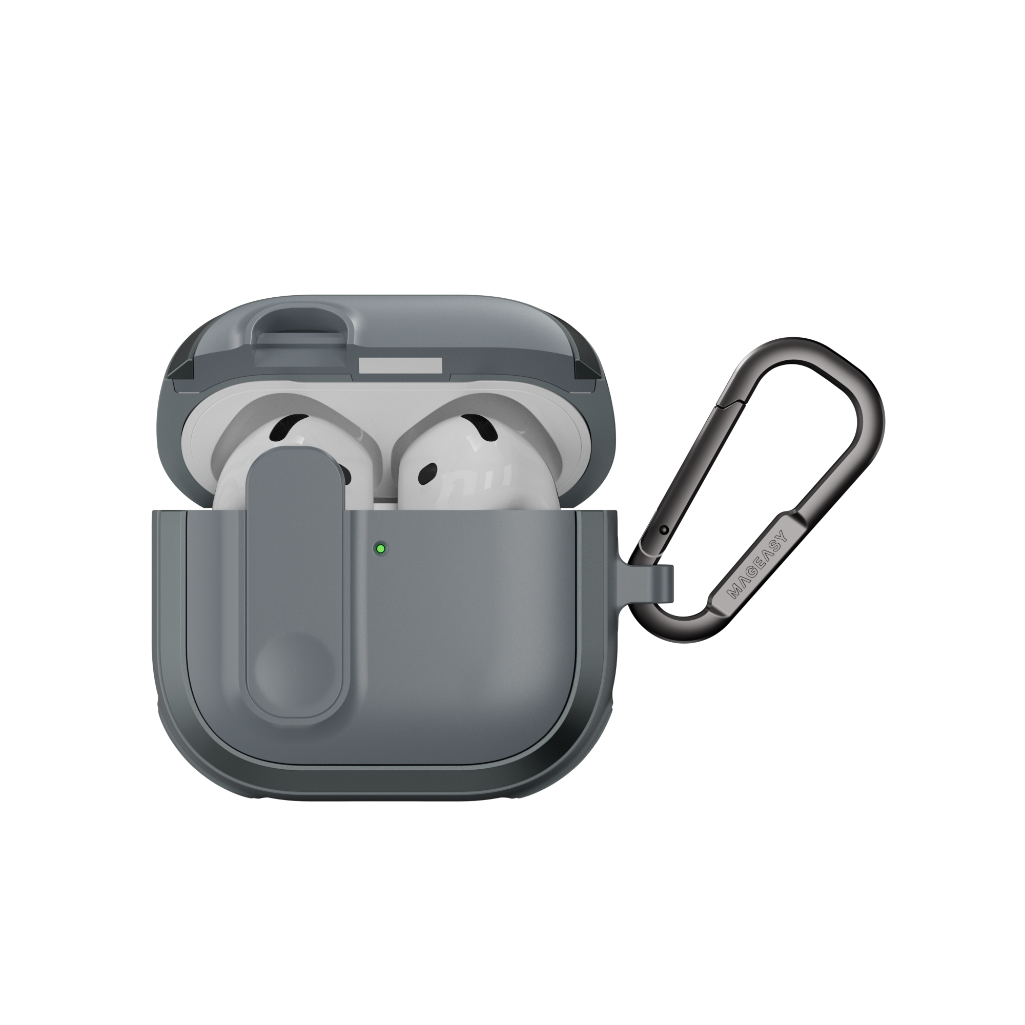 MAGEASY Odyssey AirPods 4 rugged case in Metal Blue Gray, open front view with magnetic lock and carabiner