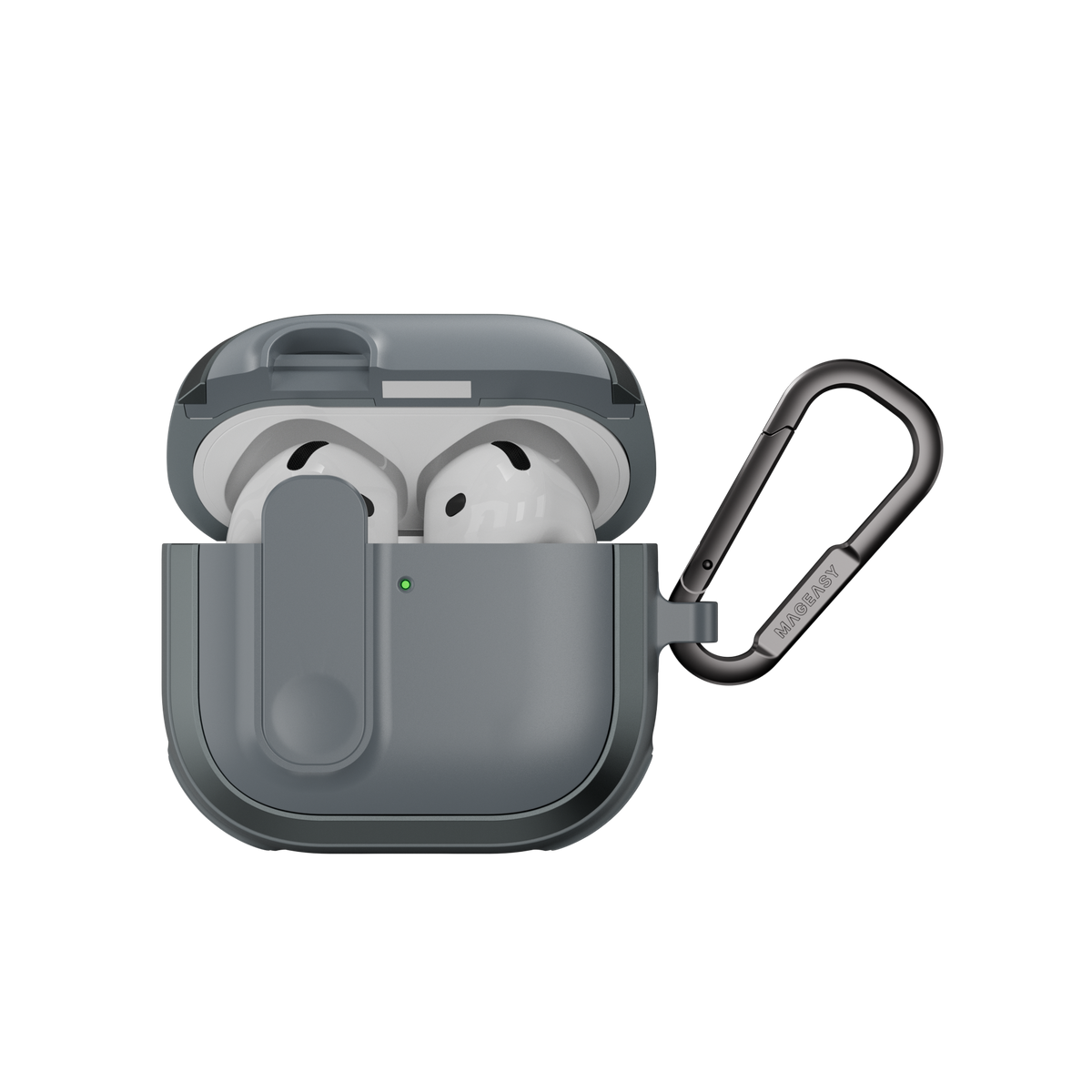 MAGEASY Odyssey AirPods 4 rugged case in Metal Blue Gray, open front view with magnetic lock and carabiner