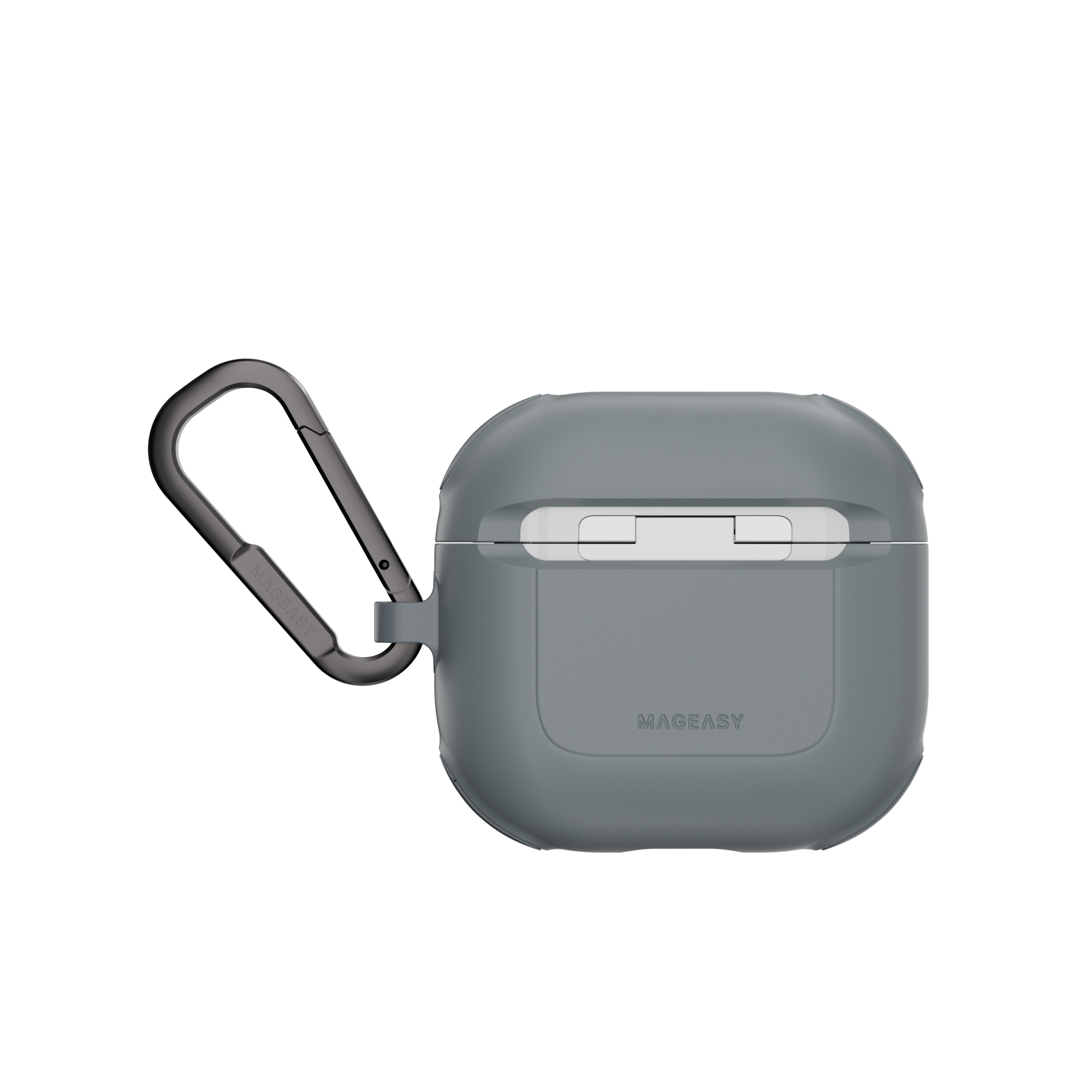 MAGEASY Odyssey AirPods 4 case in Metal Blue Gray, back view with hinge cover and carabiner clip