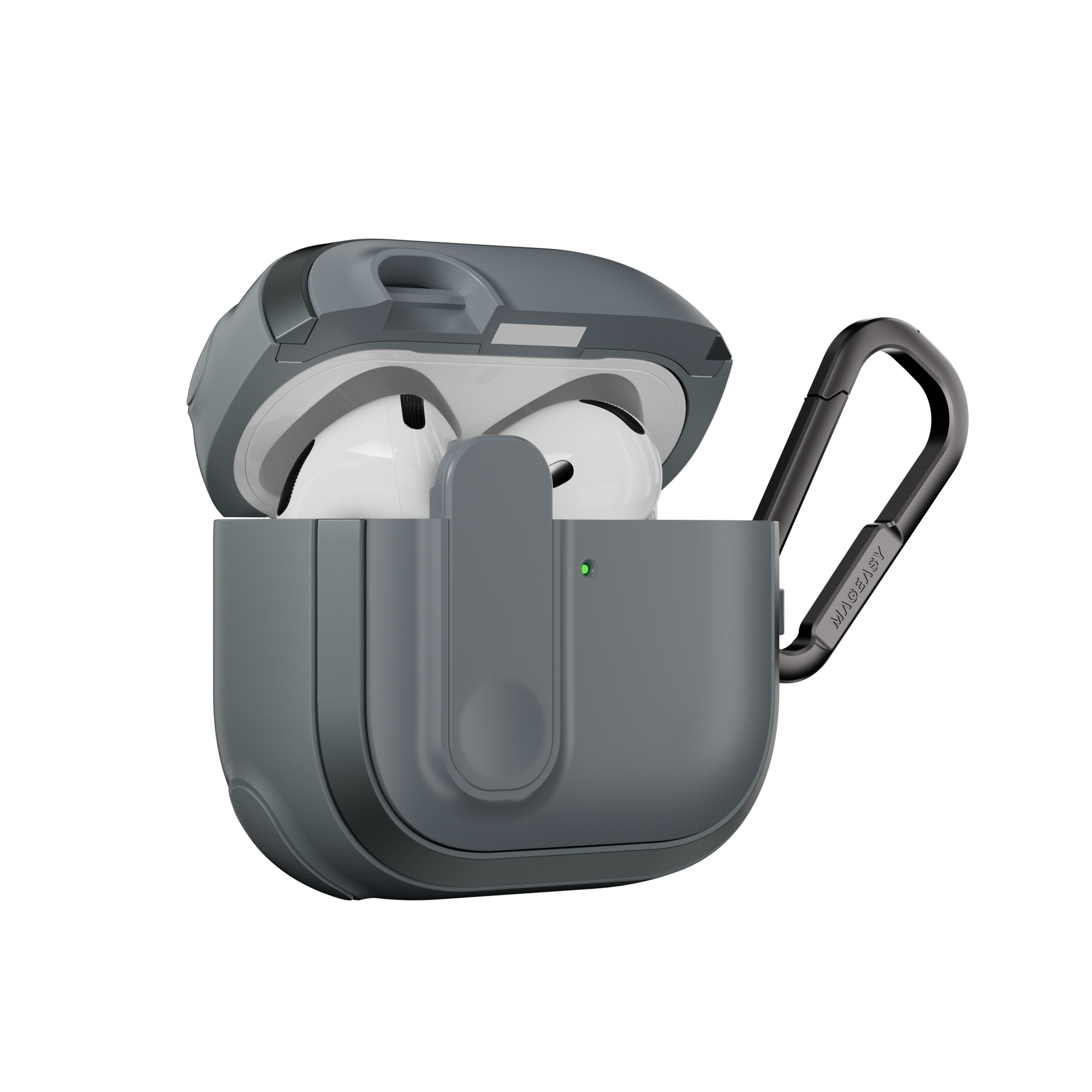 MAGEASY Odyssey AirPods 4 shockproof case in Metal Blue Gray, side profile showing protective shell