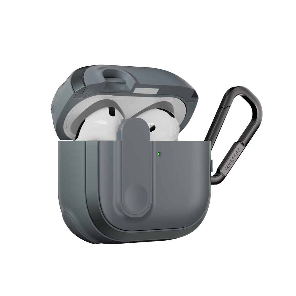 MAGEASY Odyssey AirPods 4 shockproof case in Metal Blue Gray, side profile showing protective shell