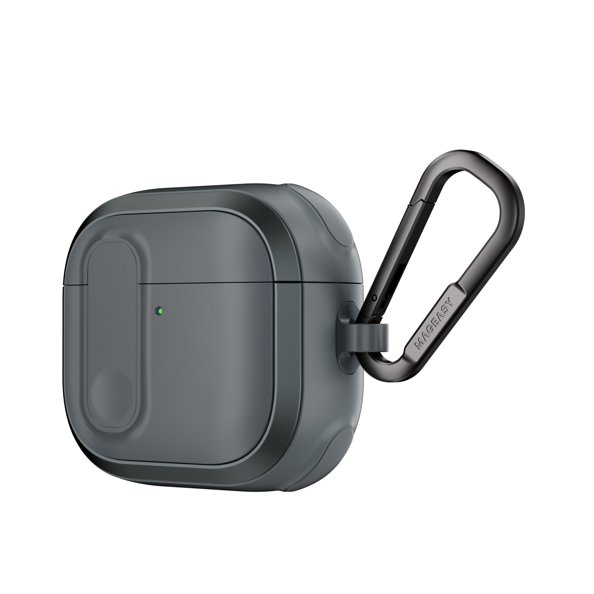 MAGEASY Odyssey AirPods 4 outdoor case in Metal Blue Gray, angled side view with metal carabiner