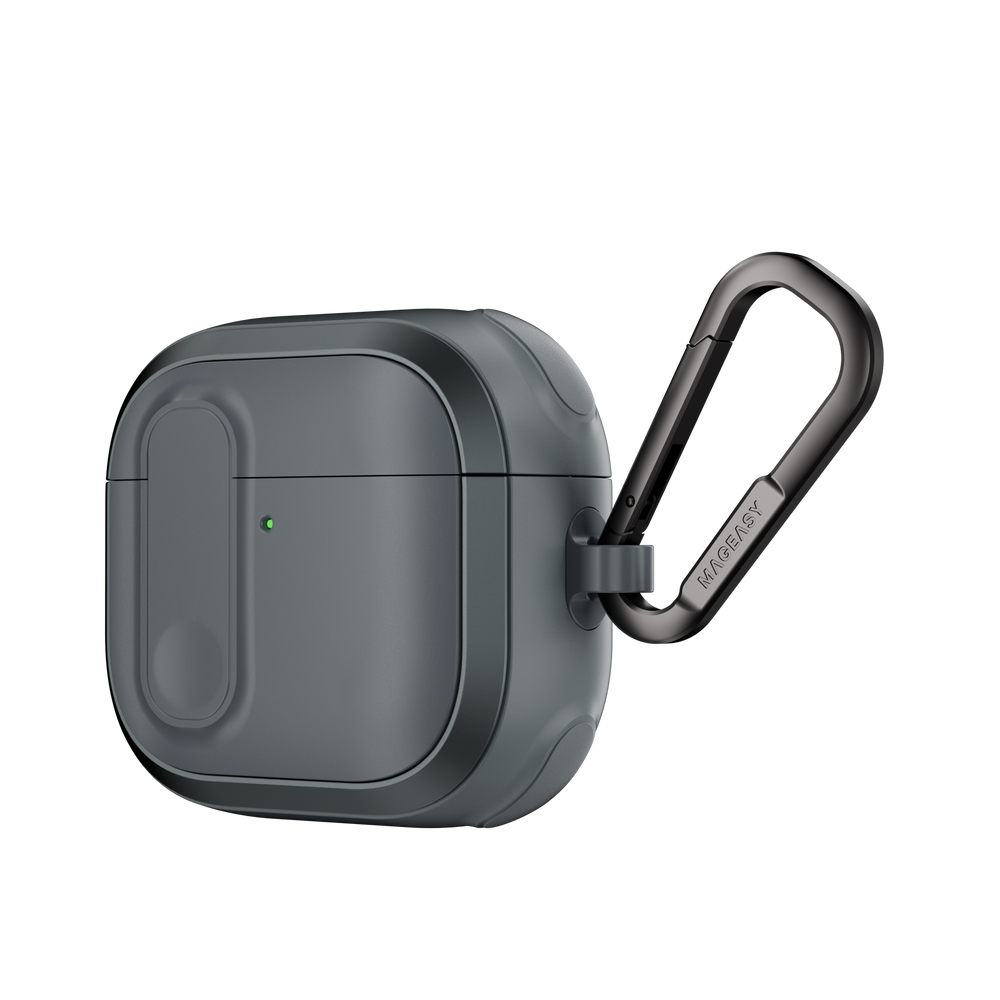 MAGEASY Odyssey AirPods 4 outdoor case in Metal Blue Gray, angled side view with metal carabiner