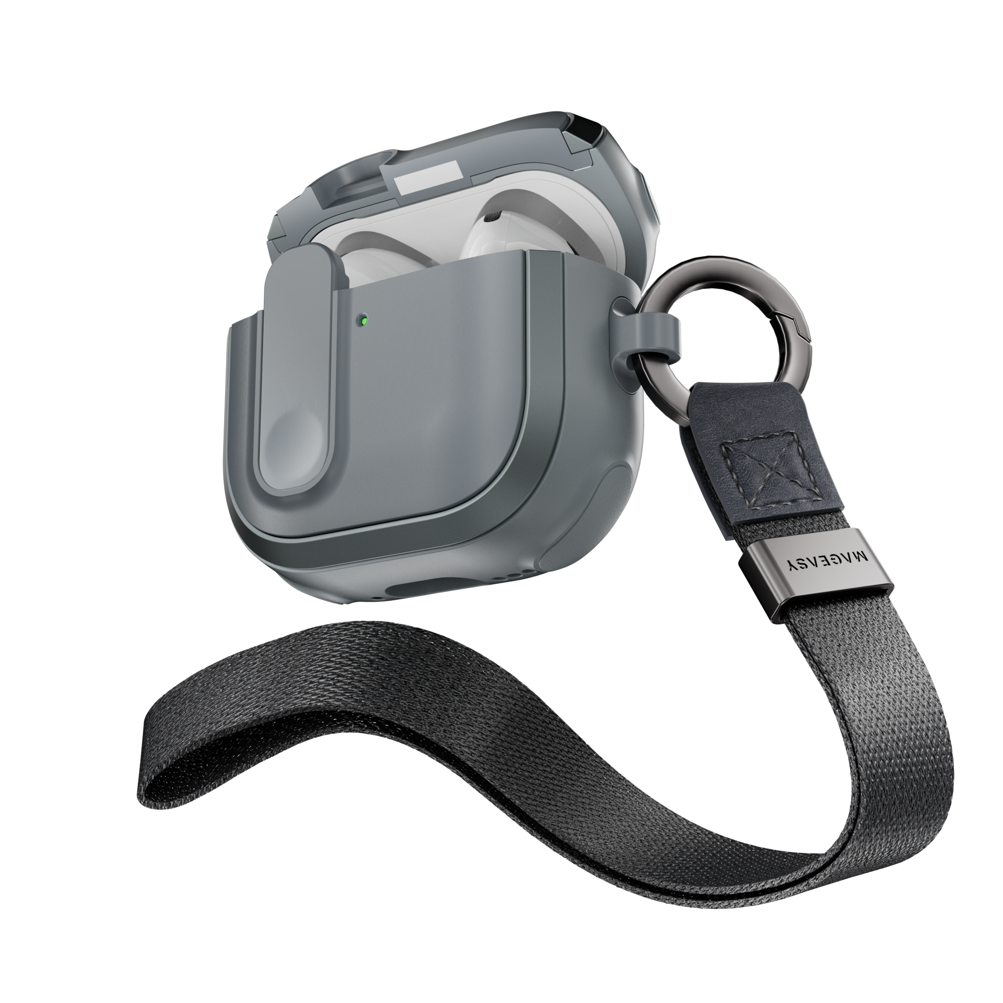 MAGEASY Odyssey AirPods 4 case in Metal Blue Gray, open case with wrist strap for everyday carry
