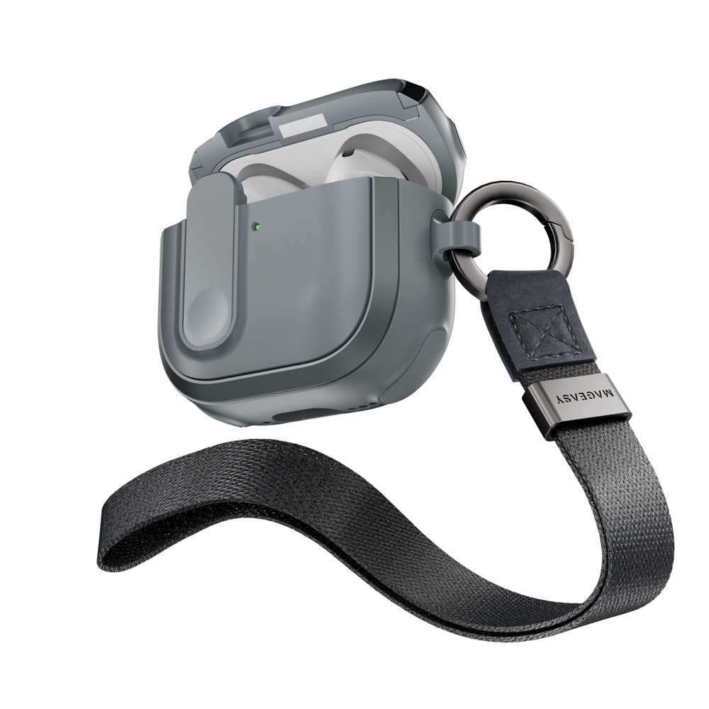 MAGEASY Odyssey AirPods 4 case in Metal Blue Gray, open case with wrist strap for everyday carry