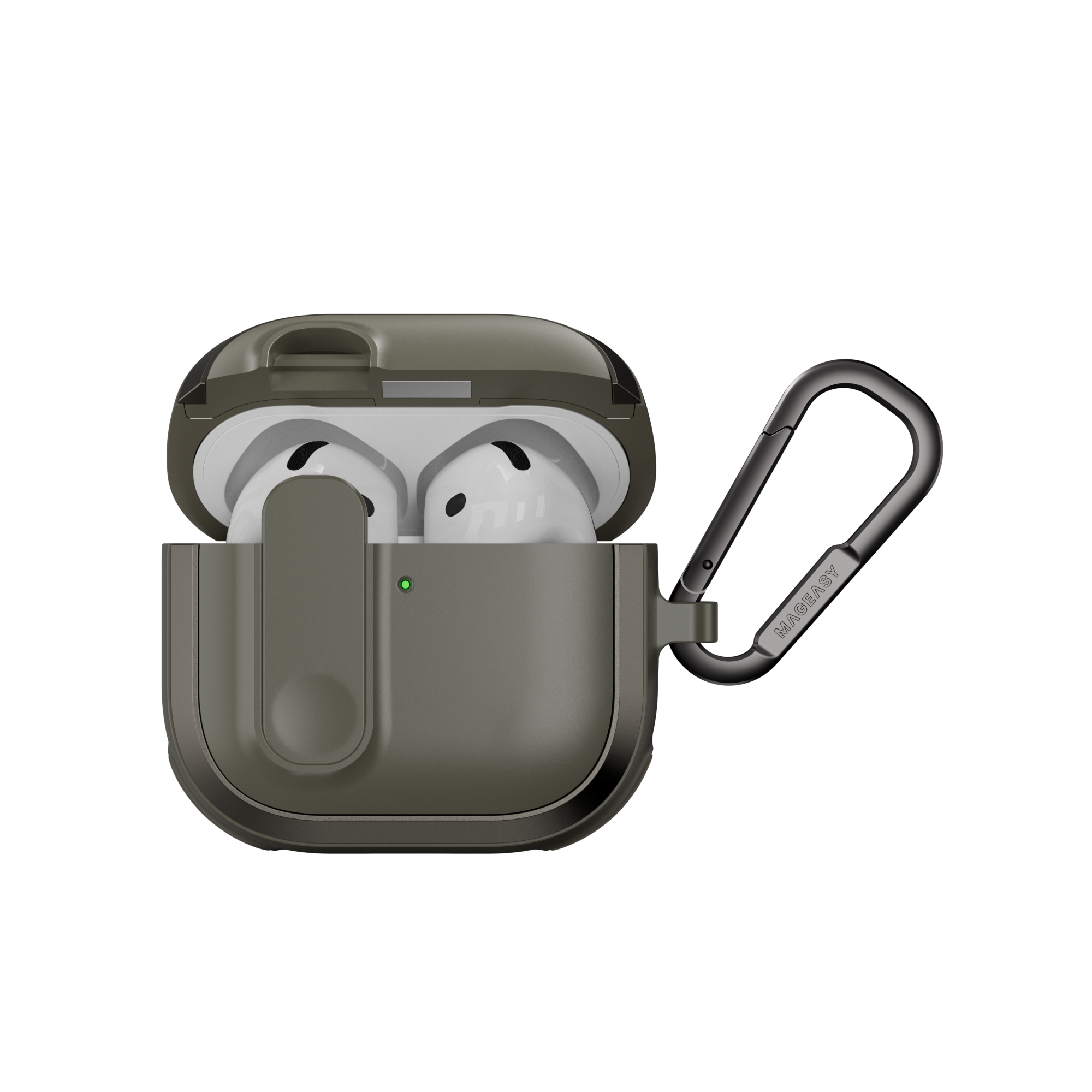 MAGEASY Odyssey AirPods 4 rugged case in Metal Green, open front view with magnetic lock and carabiner