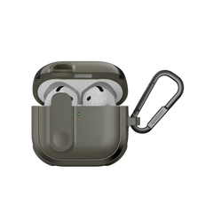 MAGEASY Odyssey AirPods 4 rugged case in Metal Green, open front view with magnetic lock and carabiner