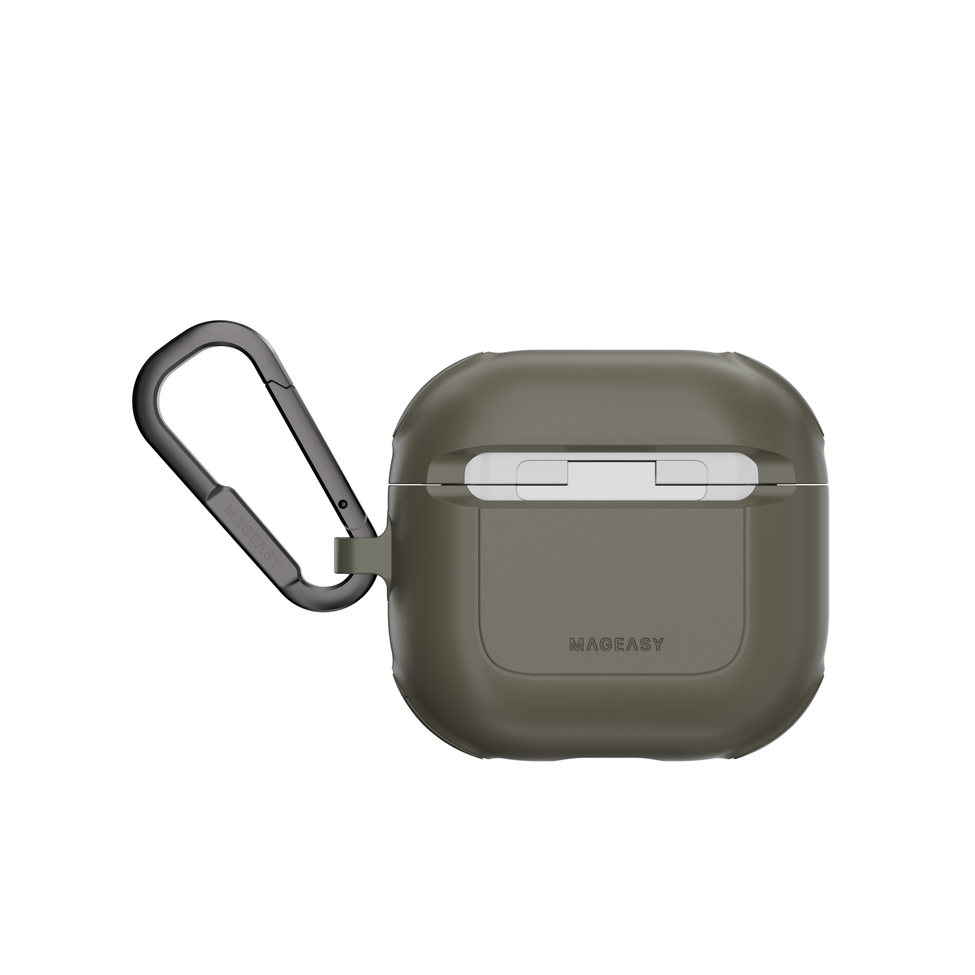 MAGEASY Odyssey AirPods 4 case in Metal Green, back view with hinge cover and carabiner clip