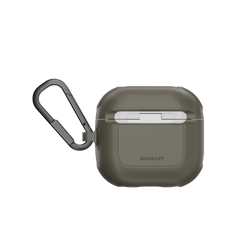 MAGEASY Odyssey AirPods 4 case in Metal Green, back view with hinge cover and carabiner clip
