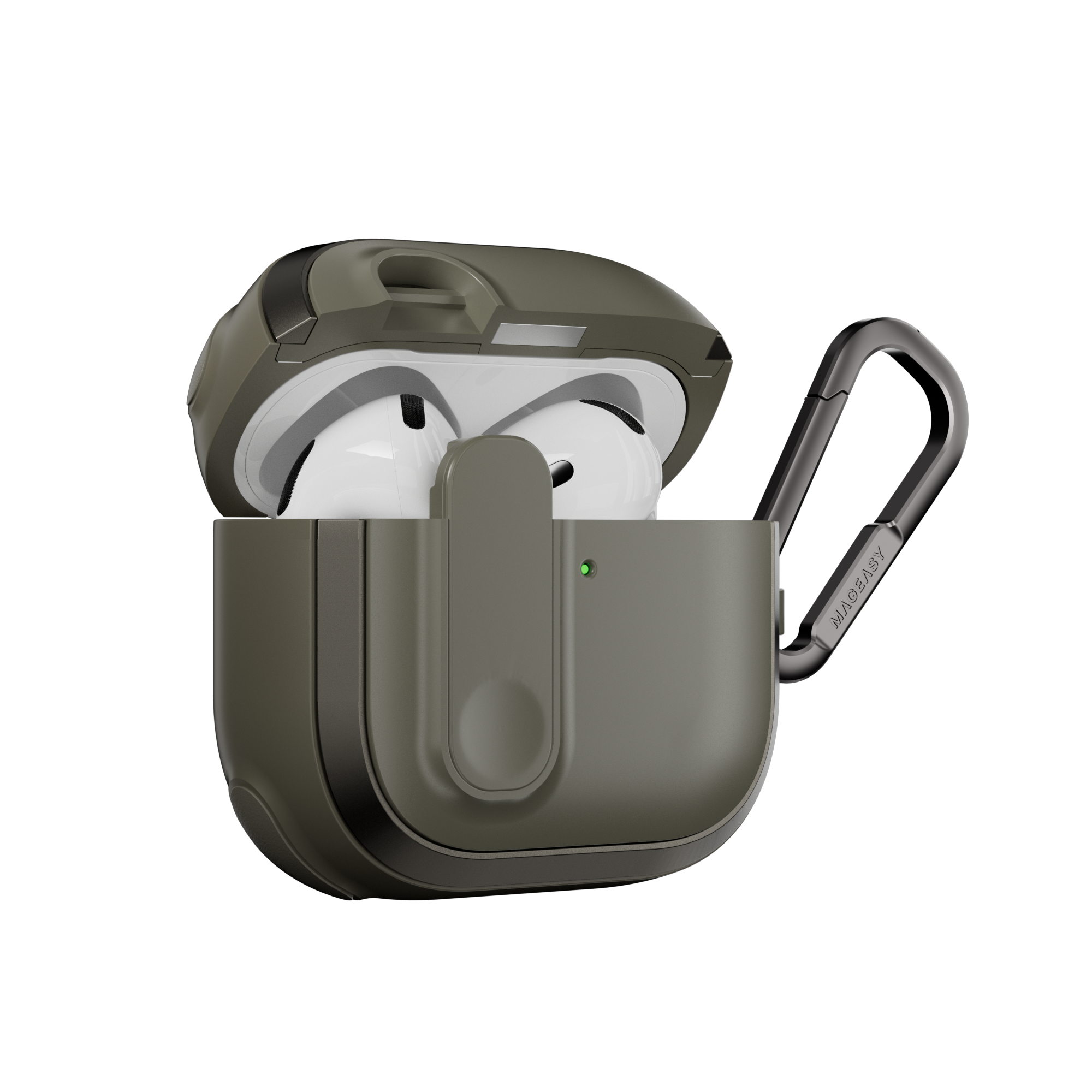 MAGEASY Odyssey AirPods 4 shockproof case in Metal Green, side profile showing protective shell