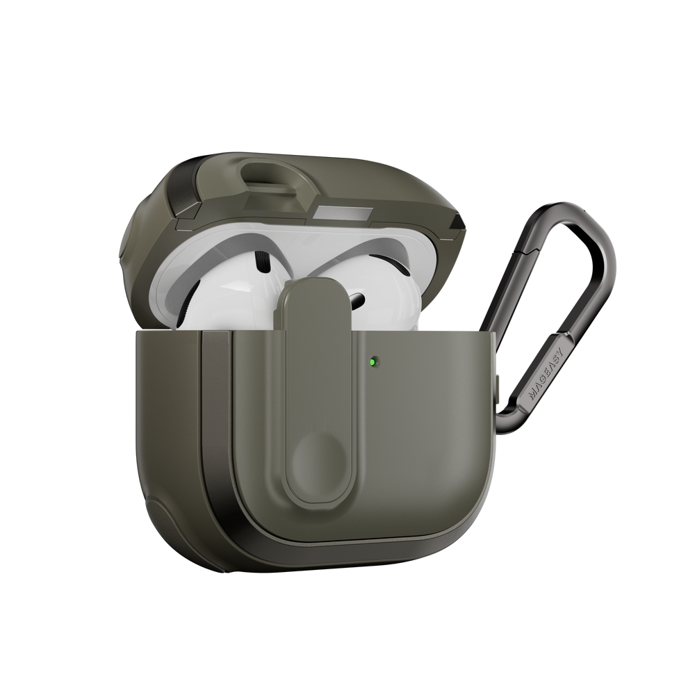 MAGEASY Odyssey AirPods 4 shockproof case in Metal Green, side profile showing protective shell