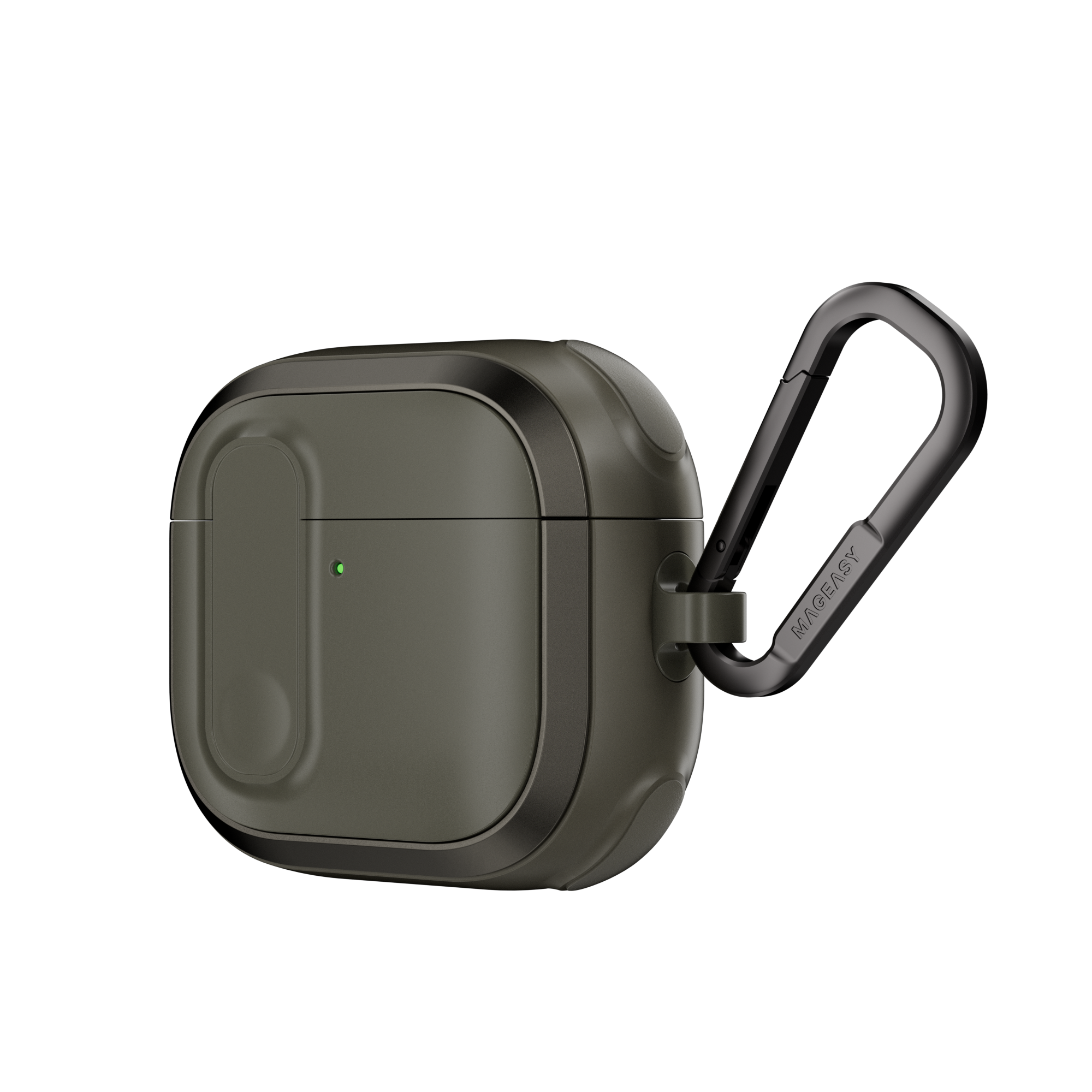 MAGEASY Odyssey AirPods 4 outdoor case in Metal Green, angled side view with metal carabiner