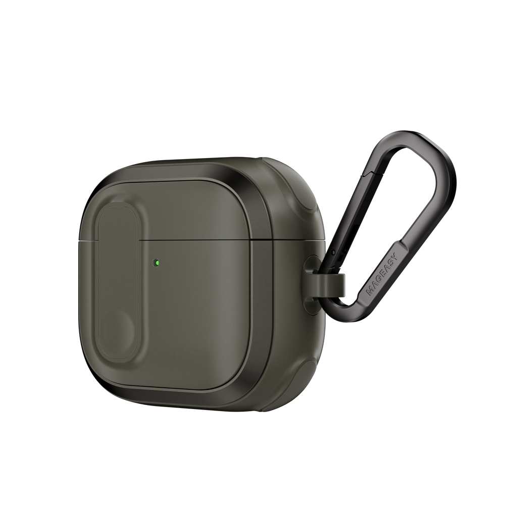 MAGEASY Odyssey AirPods 4 outdoor case in Metal Green, angled side view with metal carabiner