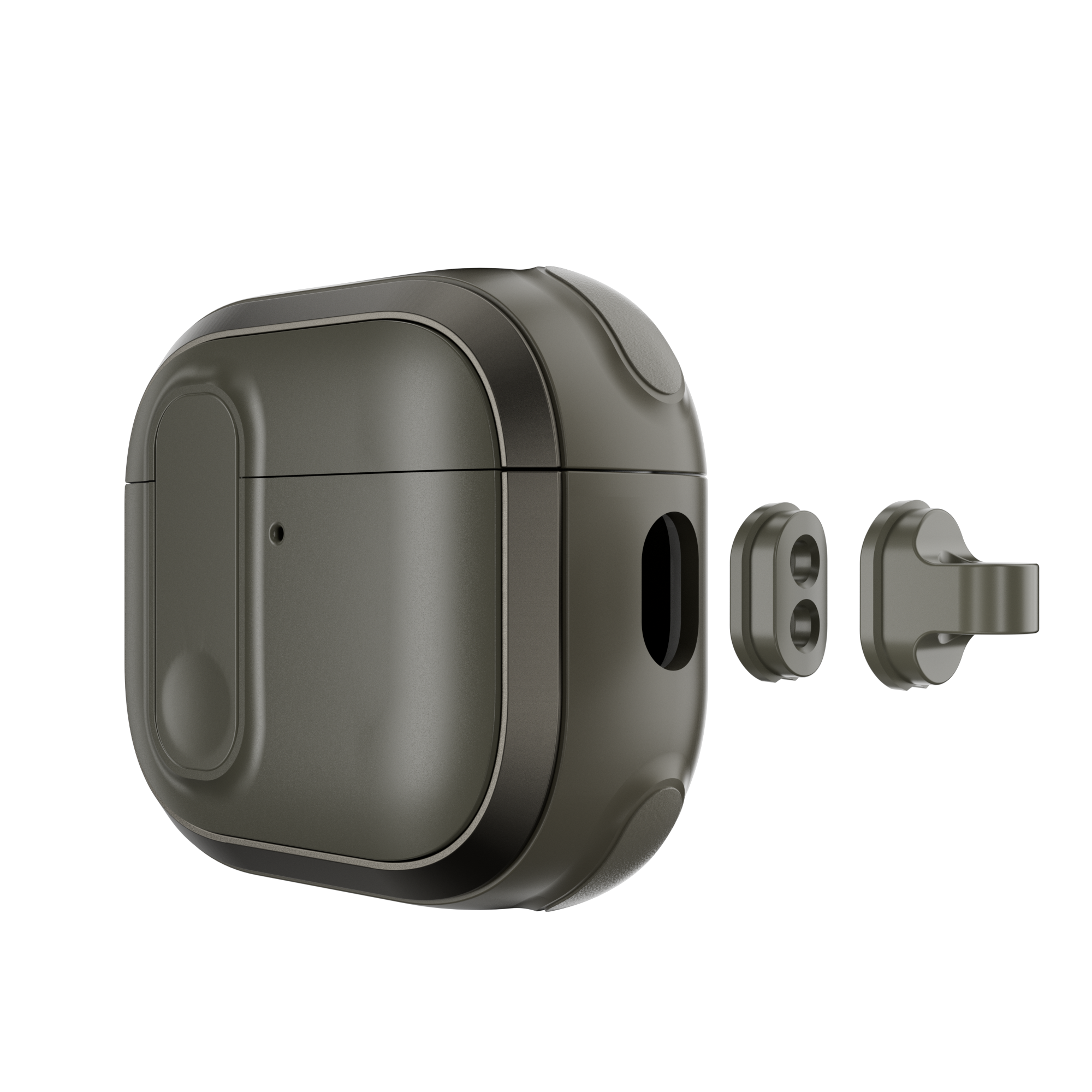 MAGEASY Odyssey AirPods 4 cover in Metal Green, detachable hook and accessory mount detail
